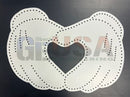 White die cut paper template shaped like loving hands heart with dotted perforations made by gilbert engineering usa laser cut