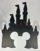 Black metal castle wall decor with laser cut mickey mouse silhouette and rivet details from gilbert engineering magic castle products