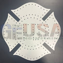 White fire department emblem plaque maltese cross design laser cut with evenly spaced perforations by gilbert engineering usa