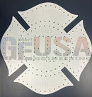 White fire department emblem plaque with perforated design and four arms laser cut by gilbert engineering usa products maltese cross