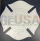 White fire department maltese cross laser cut emblem template with black dotted guide lines by gilbert engineering usa
