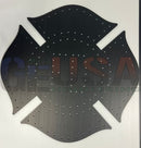 Black metal maltese cross fire department emblem with brushed finish and perforations by gilbert engineering usa laser cut product
