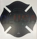 Black metal fire department maltese cross emblem template with brushed finish and pre-drilled holes from gilbert engineering usa laser cut products