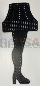Black metal leg lamp with perforated design and rivet details by gilbert engineering usa coro leg lamp style