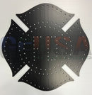 Black maltese cross fire department emblem pegboard with matte finish and laser cut holes by gilbert engineering usa