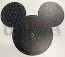 Black perforated metal mickey mouse head panel with brushed finish and holes for magical spinner by gilbert engineering usa laser cut