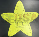 Bright yellow star-shaped metal pegboard with a smiling face made by laser cut holes impression singing star by gilbert engineering usa