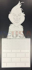 White perforated grinch silhouette cutout with dotted pattern and stitched details for chimney with optional toppers like santa topper