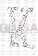 A black-and-white outlined letter k with a dotted edge pattern from the halloween font alphabet a-62 node