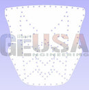White protective film with light purple dotted pattern on gilbert engineering monster faces laser cut product