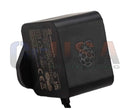 Black plastic raspberry pi 4 & 5 power adapter with matte finish and embossed official logo in zoomed image