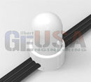 White plastic cable organizer with rounded dome top and ridged base securing three black cables for low voltage pixels p24b