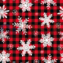 Red and black plaid fabric with white snowflakes on impression matrix panels by gilbert engineering usa and blue mittens