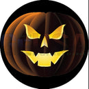A glowing orange laser cut pumpkin with a menacing face and yellow eyes on the gilbert engineering usa g-skinz node small spinner