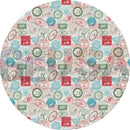 Impression series insane arch fabric with vintage postage stamps in red green and teal made by gilbert engineering usa