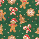 Green fabric for rosa grande arch by gilbert engineering usa with festive gingerbread candy cane and snowflake patterns
