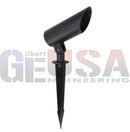 Black outdoor spotlight with sleek cylindrical head and pointed stake base for rgb landscape lights by gilbert engineering usa