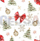 Red bow ornament with gold metallic accents on festive pattern for impression priemium cubes featuring retro christmas stamps