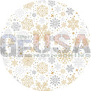 A circular insane arch design with intricate gold and silver snowflakes on white featuring 12mm bullet pixels by gilbert engineering usa