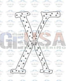Black metal letter x with dotted texture from halloween font alphabet featuring a-62 node design