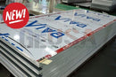 Stack of white metal photo op props with blue viva branding and red edge markings for interactive photo use