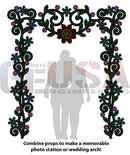 Black floral 4-foot winding vine arch with purple and blue flowers and swirling vines by gilbert engineering usa for xlights models