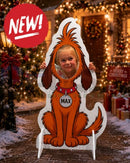 Orange cartoon dog cutout with brown ears and red max collar featuring two stand brackets for interactive photo op props