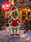 Red and green grinch interactive photo op props in santa outfit with white trim and two stand brackets
