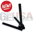 Black metal heavy duty foldable roof mount with sturdy angular design and visible bolts at the pivot point