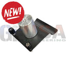 Silver cylindrical metal siding mount with threaded top and black plastic base with two adjustable knobs for vinyl siding