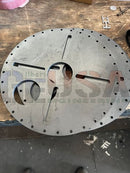Gray metal circular steel tree topper plate with radial cut-out slots and holes, fits voodoo blue and emerald green designs