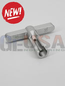 Silver metallic t-shaped pixel pushing jig from mattos designs with a cylindrical hole and engraved markings for easy pixel installation