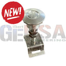 Silver metallic flush mount ceiling light fixture with circular head and threaded base for strap IT mount use