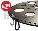 Black metal circular grill rack with multiple holes and hanging hook for easy mounting on sasquatch megaTree sliding topper
