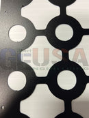 Black metal matrix mesh panel with interconnected circular cutouts designed for 30mm pucks by gilbert engineering usa