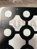 Black metal plate matrix mesh with geometric circles and ovals designed for 30mm pucks by gilbert engineering usa