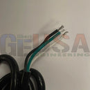 Black insulated ac power cord with exposed green black white wires and bare metal terminals made from premium materials