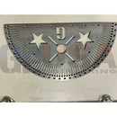 Semi-circular steel tree topper with stars number 9 and radial markings in voodoo blue and emerald green colors