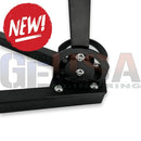 Black metal gear mechanism with silver bolts on heavy duty foldable roof mount portable prop stand