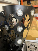 Black metal matrix mesh grow light with circular cutouts and embedded led bulbs for 30mm pucks by gilbert engineering usa