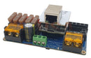Blue quinled-dig-quad diy v3 circuit board with white ethernet port and colorful capacitors for dynamic holiday lighting
