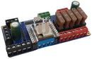 Blue circuit board with white microcontroller green red terminals and capacitors in quinled-dig-quad diy pre-assembled kit