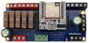 Blue circuit board with red connectors green terminal blocks and white quinled esp32 module in quinled-dig-quad diy v3