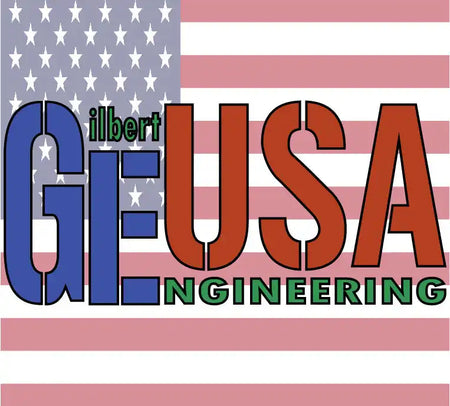 Logo for Gilbert USA Engineering with text styled in red, white and blue against an American flag backdrop.