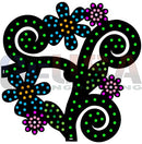 Black decorative 90 degree mini corner cutout with swirling patterns and colorful polka-dotted flowers by gilbert engineering usa for xlights models
