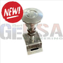 Silver metallic latch with circular head and base plate for mattos designs push clip prop mounting system