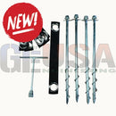 Set of four silver steel anchorease ground anchors with spiral points black brackets and t-handle tool for outdoor use