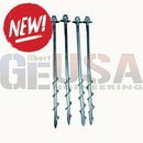 Four shiny silver metallic anchorease steel ground anchors with spiral tips for quick outdoor display installation
