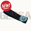 Black fabric strap with silver metal bolt and nut on anchorease steel ground anchor for quick outdoor display setup