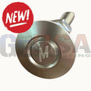 Stainless steel mattos designs push clip with central m engraving and side bolt for easy prop mounting